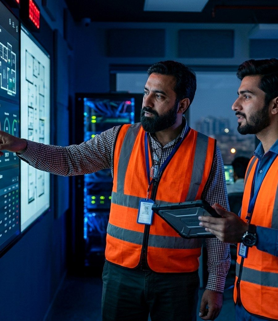 Altronics engineers reviewing a building management dashboard